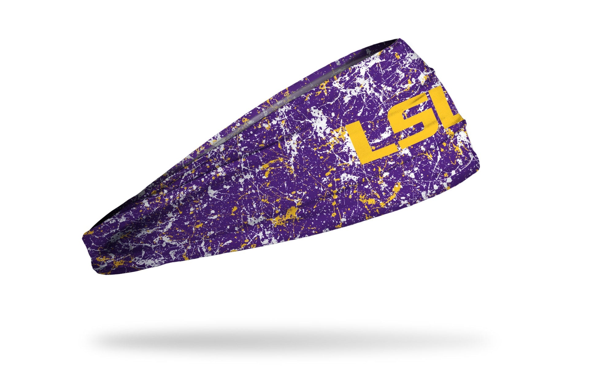 purple headband with paint splatters and Louisiana State University logo