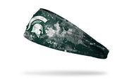green headband with Michigan State University spartan logo in white with white grunge overlay